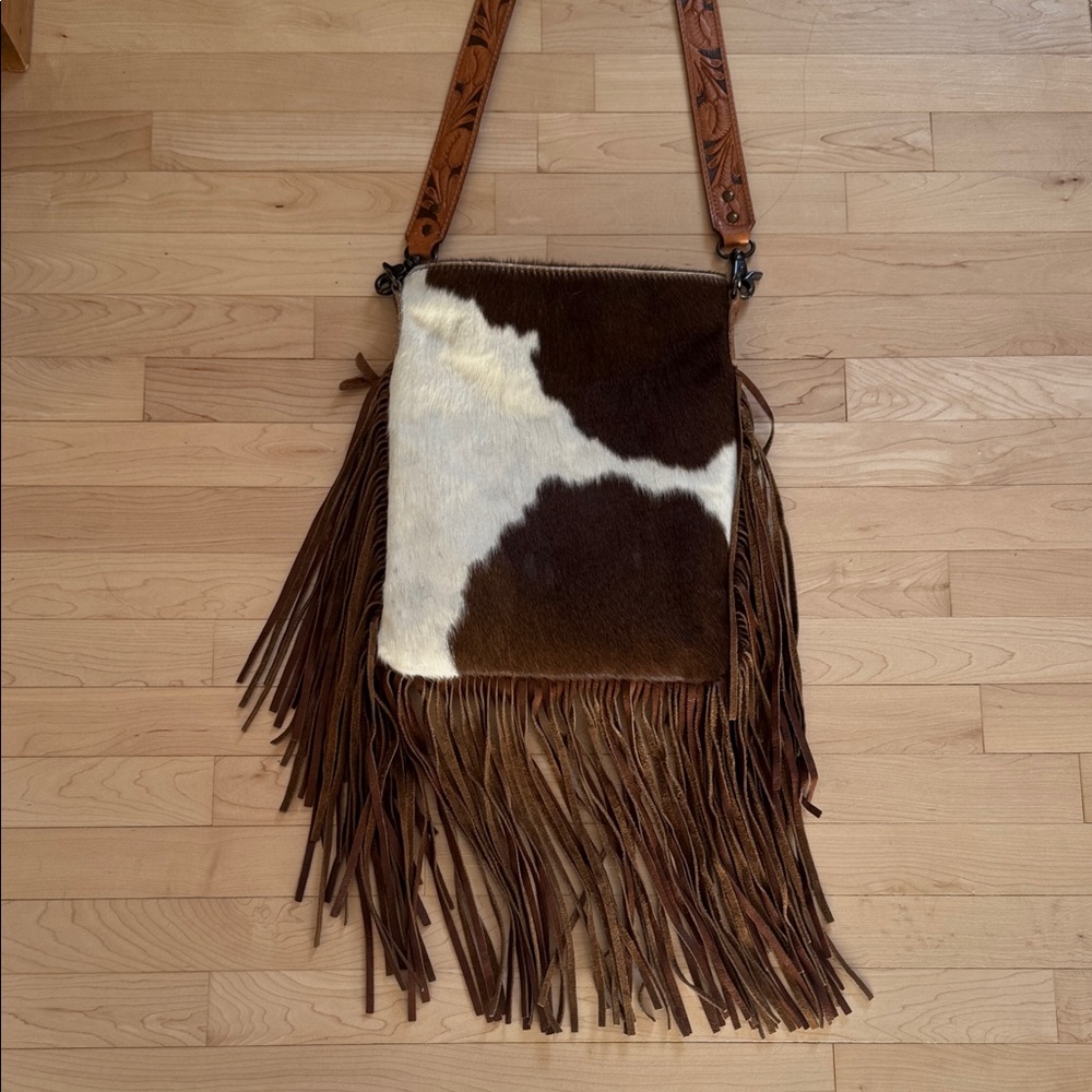 Brown and White Fringe Leather Bag